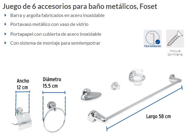 Juego de 6 accesorios para baño metálicos, Foset, Accesorios Para Baño,  49395