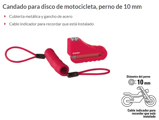 Candado para disco de motocicleta, perno de 10 mm, Hermex, Candados De  Cable (Para Bicicleta), 49623