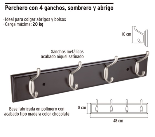 Perchero para pared con 4 ganchos satinados, Hermex, Ganchos Tipo Perchero,  49624