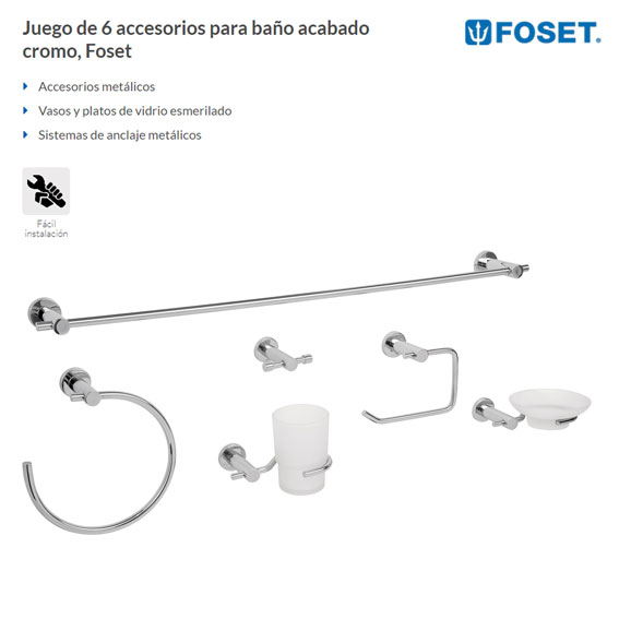 Juego de 6 accesorios para baño metálicos, Foset, Accesorios Para Baño,  49395