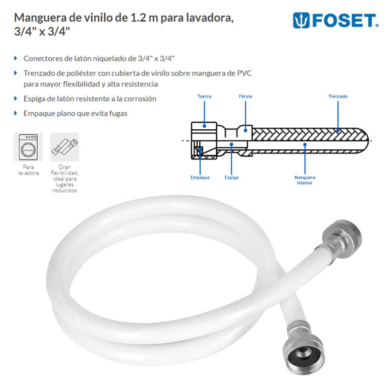 Manguera para lavadora, vinilo, 3/4 x 3/4 , 1.2 m, Foset, Mangueras  Flexibles Para Fregadero y Lavadora , 49779