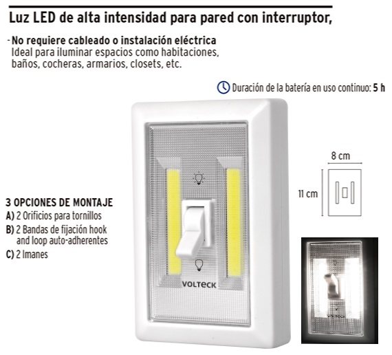 Luz LED 200 lm para pared con interruptor con 3 pilas AAA, Luz De Pared,  49970
